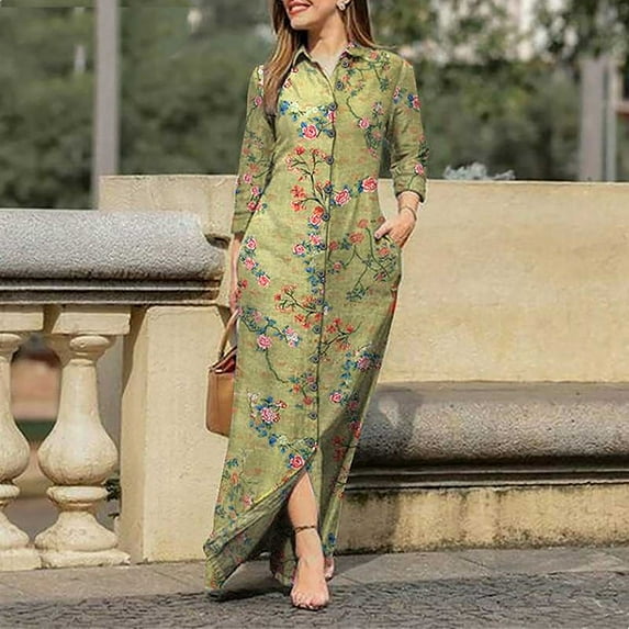 QLEICOM Women's Casual Turn-down Collar Shirt Dresses Long Sleeve Button Down Long Dress Bohemian Floral Mid Waist Dress with Pockets Summer Beachwear Temperament Maxi Dress Mint Green S