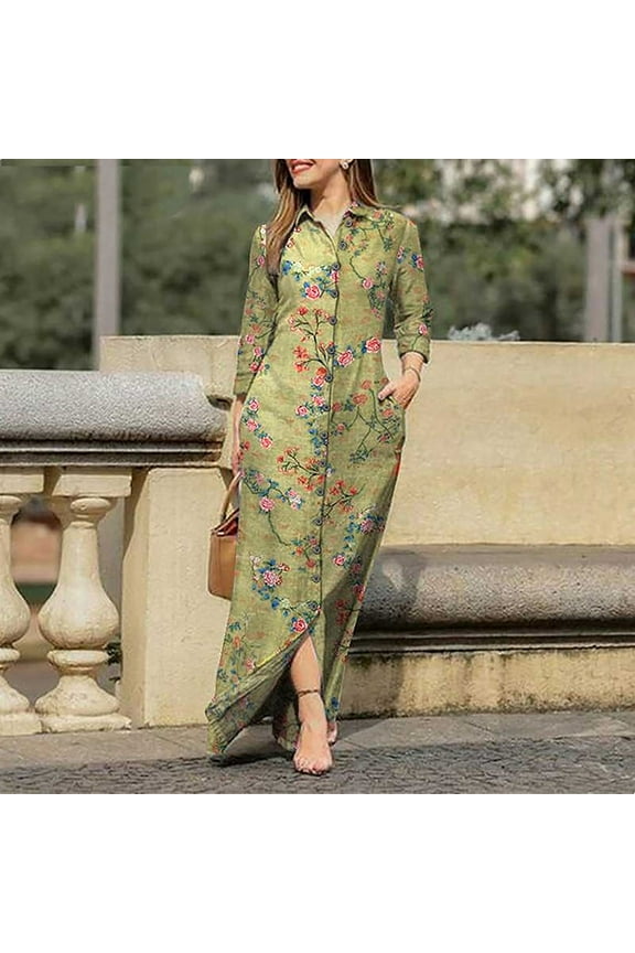 Women's Casual Turn-down Collar Shirt Dresses Long Sleeve Button Down Long Dress Bohemian Floral Mid Waist Dress with Pockets Summer Beachwear Temperament Maxi Dress Mint Green L