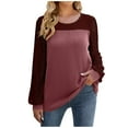 thumbnail image 1 of QLEICOM Women's Crewneck Long Sleeve Patchwork Tops Casual T-shirt Blouses Shirts Tops Wine XL, US Size 10, 1 of 5