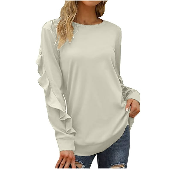 QLEICOM Women's Crewneck Solid Comfortable Loose T-shirt Long Sleeves Casual Blouses Shirts Tops Khaki M, US Size 6