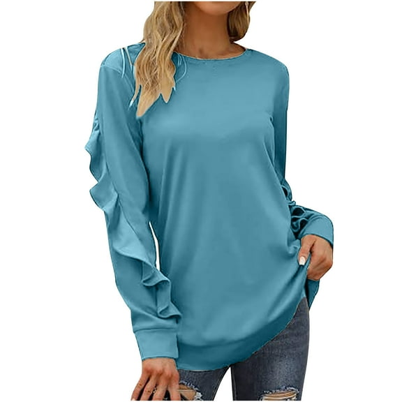 QLEICOM Women's Crewneck Solid Comfortable Loose T-shirt Long Sleeves Casual Blouses Shirts Tops Light Blue S, US Size 4