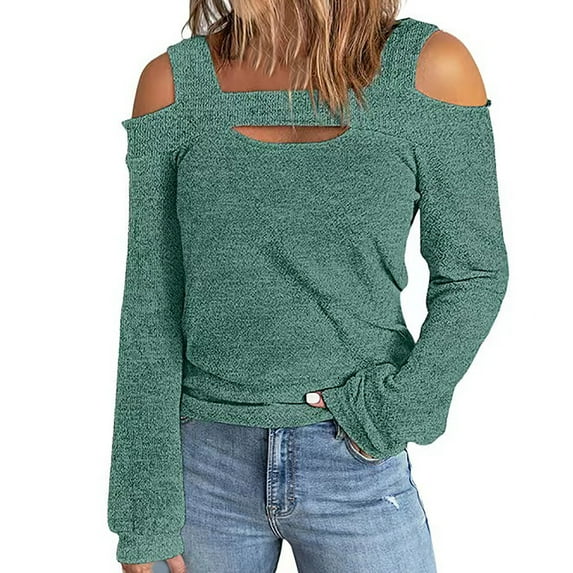 QLEICOM Women's Cusal Crewneck Leaky Shoulder Long Sleeve Lightweight Sweatshirts Solid Hedging Blouses Shirts Tops Green 3XL, US Size 14