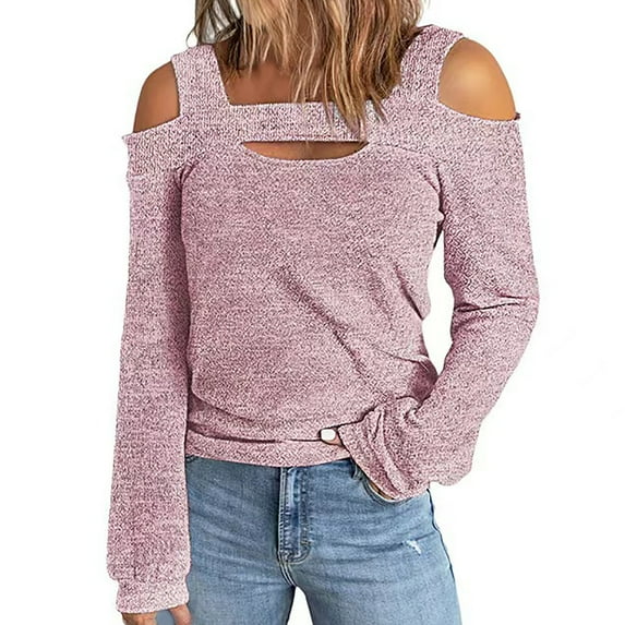 QLEICOM Women's Cusal Crewneck Leaky Shoulder Long Sleeve Lightweight Sweatshirts Solid Hedging Blouses Shirts Tops Pink S, US Size 4