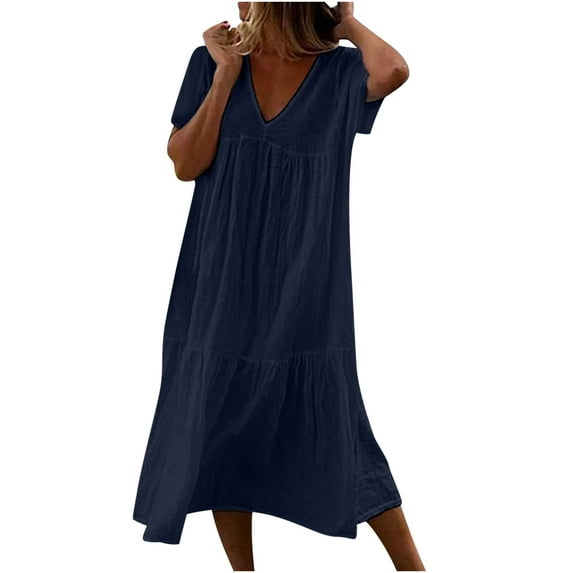 QLEICOM Women's Cute Dress Looes V-Neck Short Sleeve Swing Tunic Long Dress Simple Solid Casual Summer Pleated Dresses Navy L, US Size: 8