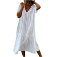 thumbnail image 1 of QLEICOM Women's Cute Dress Looes V-Neck Short Sleeve Swing Tunic Long Dress Simple Solid Casual Summer Pleated Dresses White XXL, US Size: 12, 1 of 5