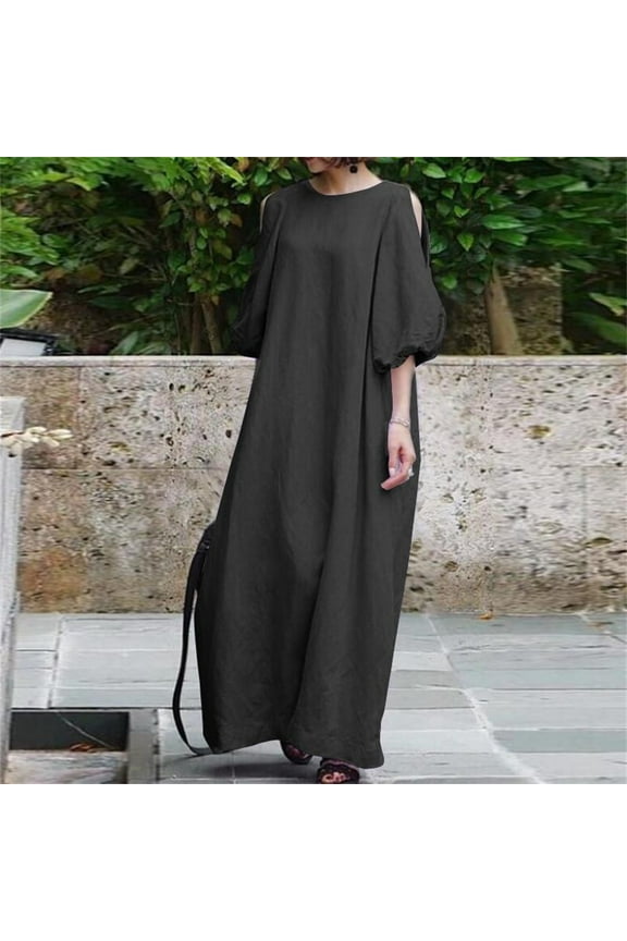 Women's Elegant Loose Solid Color Dresses Crewneck Loose Puff Sleeve Dress Half Sleeve Cotton And Linen Flowy Maxi Dress Beach Daily Party Dress Vintage Dress Beach Sundress Black L