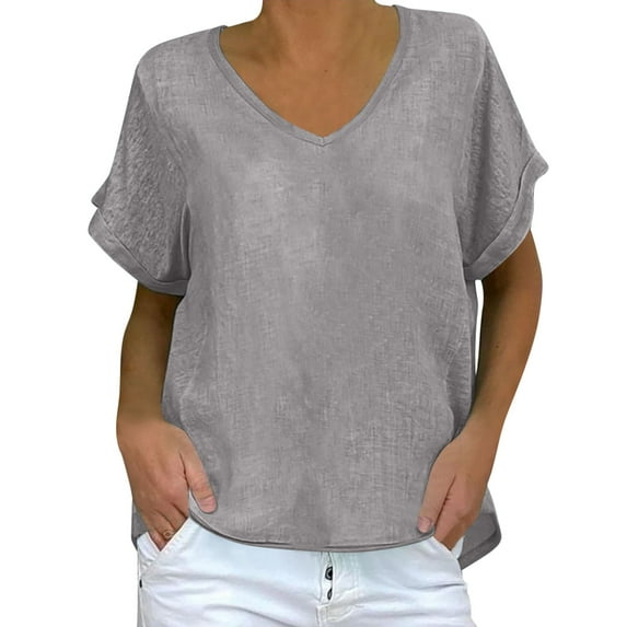 QLEICOM Women's Fashion V Neck Petal Sleeve T-Shirt, Casual Cotton Linen Short Sleeve Blouse, Boho Floral Print Loose Basic Tee Tops for Leggings, Plus Size Tops, Tees & Blouses S-3XL