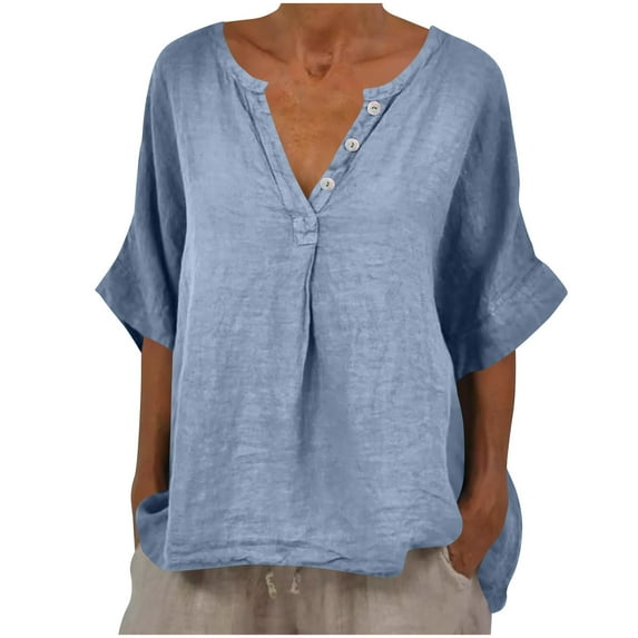 QLEICOM Women's Fashion V Neck Petal Sleeve T-Shirt, Casual Cotton Linen Short Sleeve Blouse, Boho Floral Print Loose Basic Tee Tops for Leggings, Plus Size Tops, Tees & Blouses S-3XL