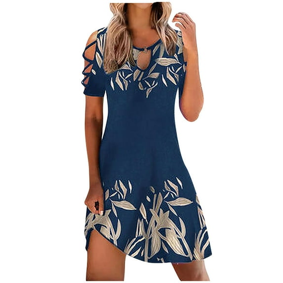 QLEICOM Women's Floral Sleeveless Swing Tank Dress Summer Casual Tshirt Dresses Swing Sun Dress Beach Dress Slimming Draw Back Cold Shoulder Dress Under $10, Dark Blue XXL