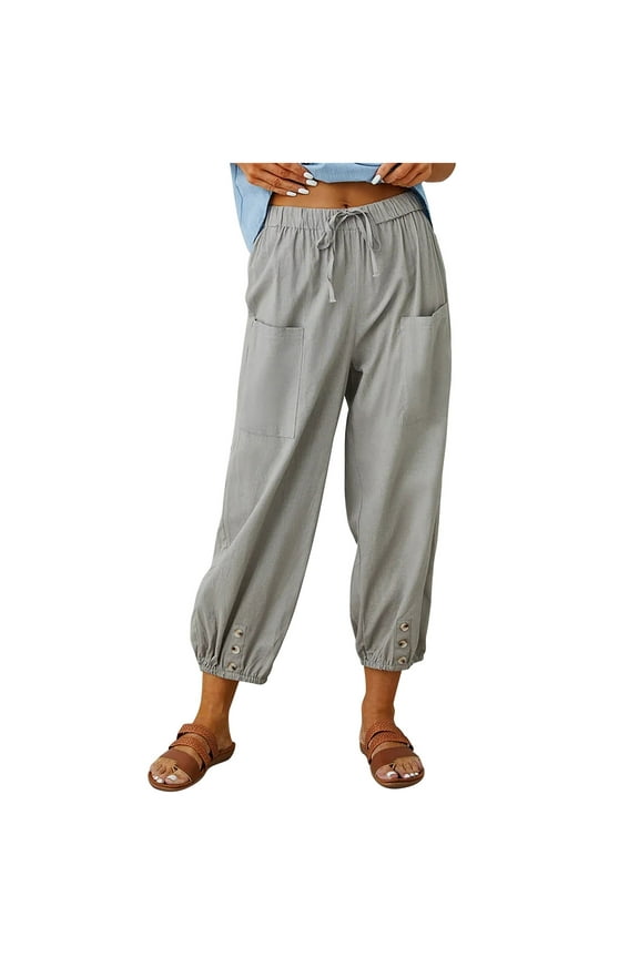Women's Joggers Pants Cotton Linen Solid Trousers Casual Solid Pockets Elastic Waist Comfortable Straight Pants for Workout, Yoga, Running Gray S, US Size 4