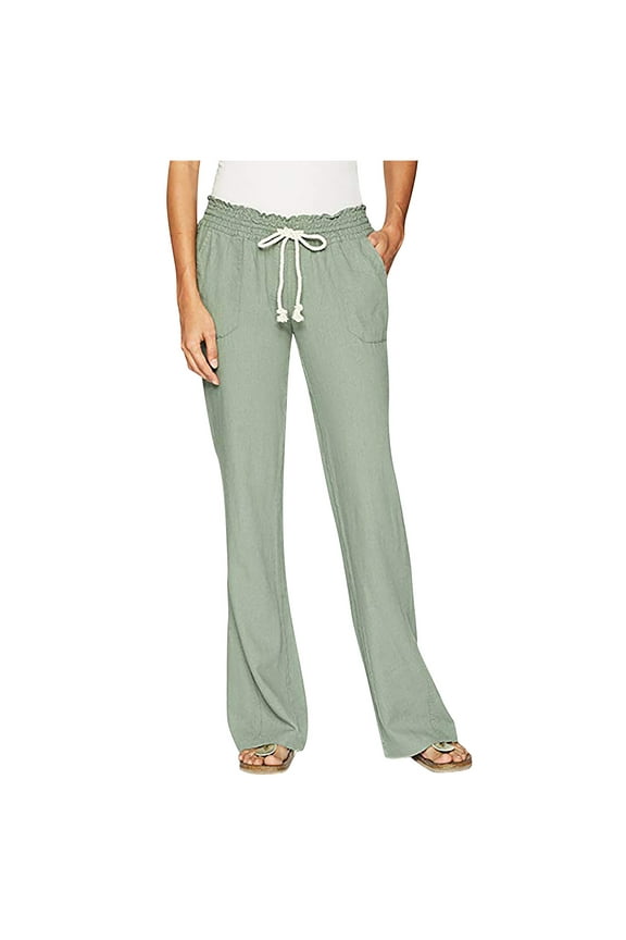Women's Joggers Pants Cotton Linen Solid Trousers Casual Solid Pockets Elastic Waist Comfortable Straight Pants for Workout, Yoga, Running Green S, US Size 4