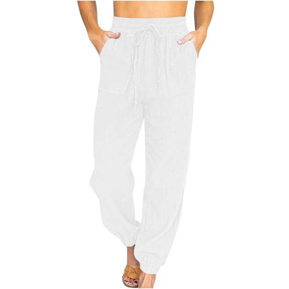 QLEICOM Women's Joggers Pants High Waist Lace-up Trousers Casual Solid Pockets Elastic Waist Comfortable Straight Pants for Workout, Yoga, Running White S, US Size 4