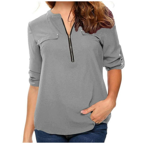QLEICOM Women's Long Sleeve Soild V Neck Tops Zip Casual Tunic Rollable Blouse Loose Shirt Gray 3XL, US Size:14