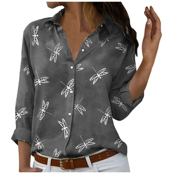 QLEICOM Women's Long Sleeve Turndown Collar Crewneck Button Casual Elastic Comfy Blouses Shirts Tops Gray L, US Size 8