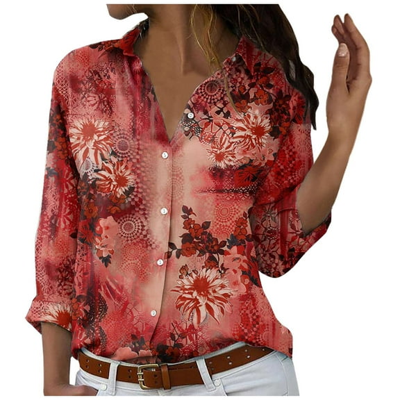 QLEICOM Women's Long Sleeve Turndown Collar Crewneck Button Casual Elastic Comfy Blouses Shirts Tops Orange 4XL, US Size 16