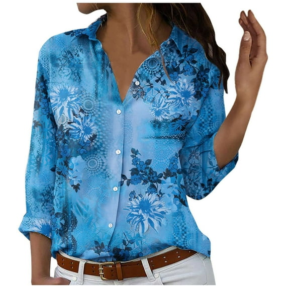 QLEICOM Women's Long Sleeve Turndown Collar Crewneck Button Casual Elastic Comfy Blouses Shirts Tops Sky Blue 3XL, US Size 14