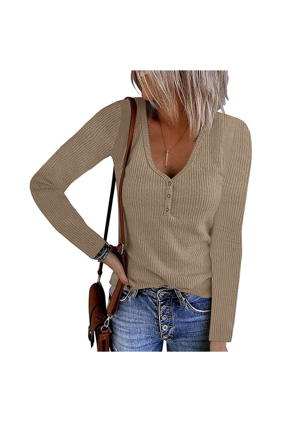 Women's Long Sleeve V Neck Ribbed Knit Button T Shirts Henley Solid Color Plus Size Spring Fall Tops Khaki M, US Size:6