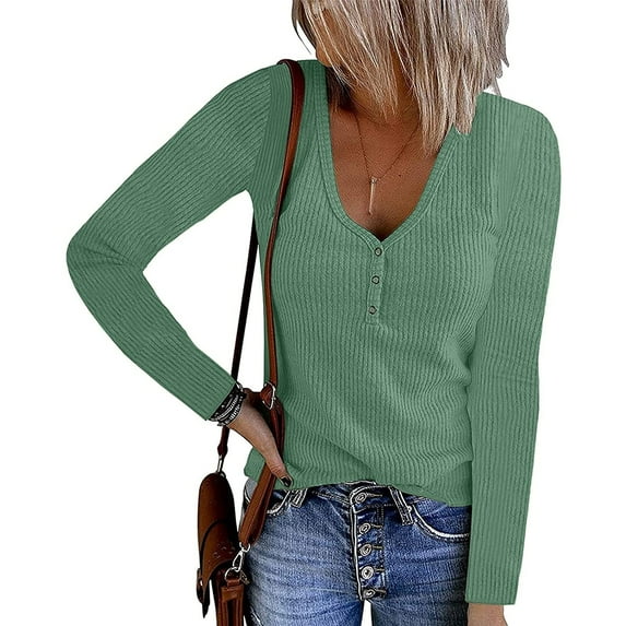 QLEICOM Women's Long Sleeve V Neck Ribbed Knit Button T Shirts Henley Solid Color Plus Size Spring Fall Tops Mint Green 5XL, US Size:18