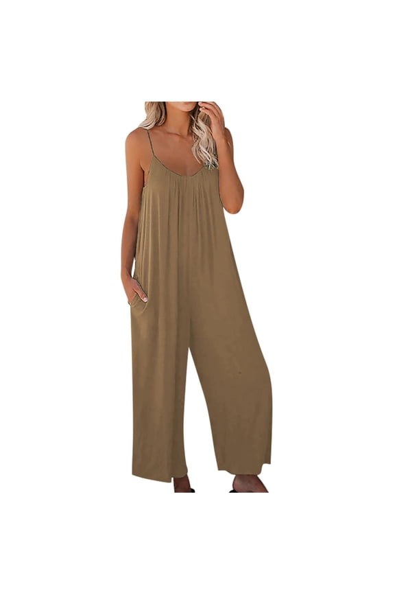 Women's Loose Sleeveless Jumpsuits Adjustable Spaghetti Strap Stretchy Long Pant Romper Jumpsuit with Pockets Khaki M, US Size 8