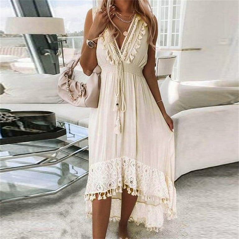QLEICOM Women s Sexy Dress V Neck Sleeveless White Dress Tassel Lace Ankle Length Dresses Plus Size Flowy Maxi Dress Beach Vintage Slip Dress Wedding