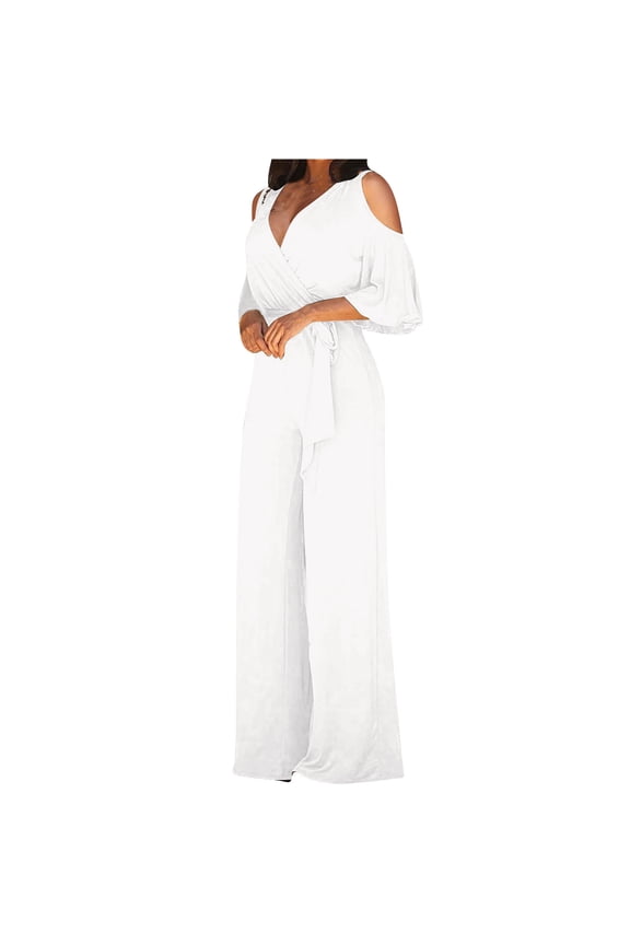 Women's Sexy Sparkly Jumpsuits Clubwear Short Sleeve Elegant Party Rompers High Waisted Wide Leg Pants Jumpsuits White L, US Size 8