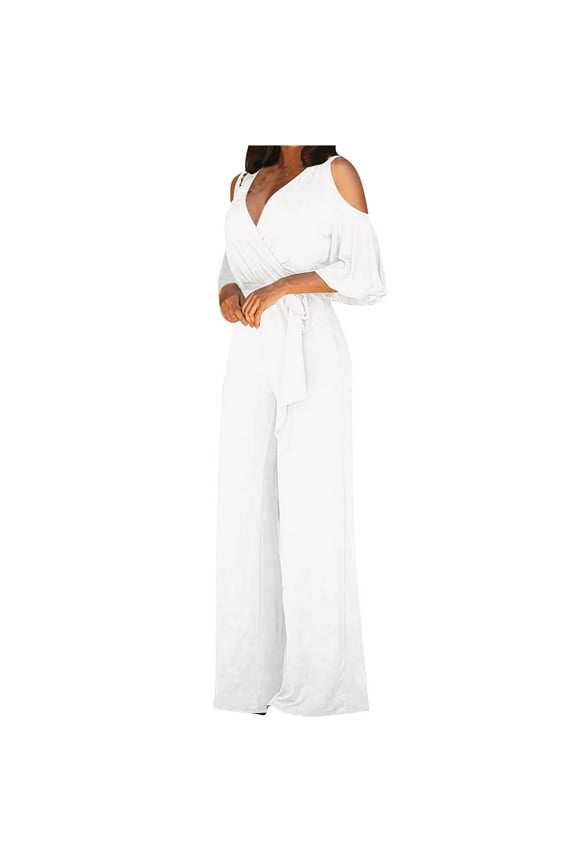 Women's Sexy Sparkly Jumpsuits Clubwear Short Sleeve Elegant Party Rompers High Waisted Wide Leg Pants Jumpsuits White S, US Size 4