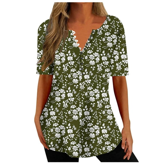 QLEICOM Women's Shirts Summer Fashion V-neck Casual Top Loose Print Basic Tees Shirts Blouses Army Green XXL, US Size:12