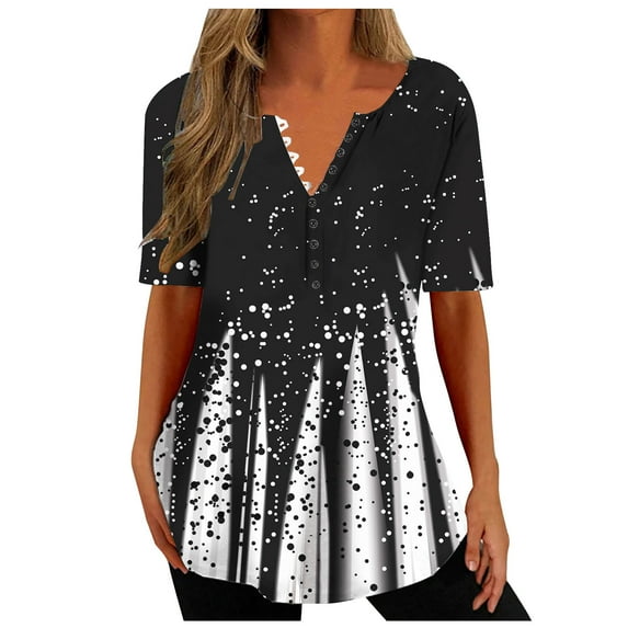 QLEICOM Women's Shirts Summer Fashion V-neck Casual Top Loose Print Basic Tees Shirts Blouses Black B M, US Size:6