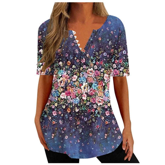 QLEICOM Women's Shirts Summer Fashion V-neck Casual Top Loose Print Basic Tees Shirts Blouses Blue B XXL, US Size:12