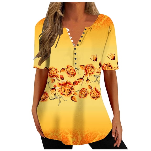 QLEICOM Women's Shirts Summer Fashion V-neck Casual Top Loose Print Basic Tees Shirts Blouses Orange XXL, US Size:12