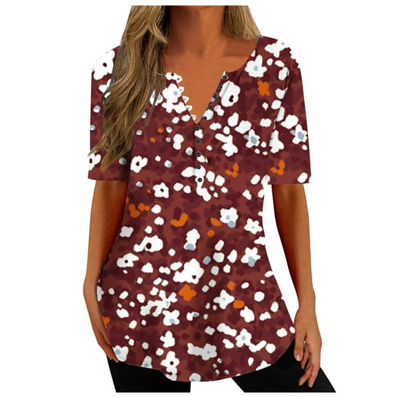 QLEICOM Women's Shirts Summer Fashion V-neck Casual Top Loose Print Basic Tees Shirts Blouses Red A XXL, US Size:12