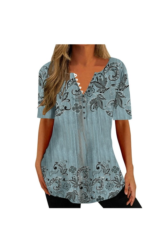 Women's Shirts Summer Fashion V-neck Casual Top Loose Print Basic Tees Shirts Blouses Sky Blue B XL, US Size:10