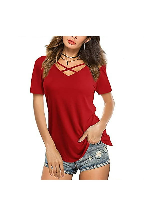Women's Short Sleeve Cross Collar Deep V Neck T Shirts, Summer Loose Soild Color High Low Tunics Top, Sexy Tops, Tees & Blouses for Mom Girls S-2XL