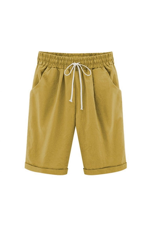 Women's Shorts Plus Size Cotton Linen Shorts, Jersey Shorts with Deep Pockets, Summer Solid Five Points Casual Pants, Walking Athletic Yoga Shorts, Hiking Comfy Beach Shorts Yellow Size 4
