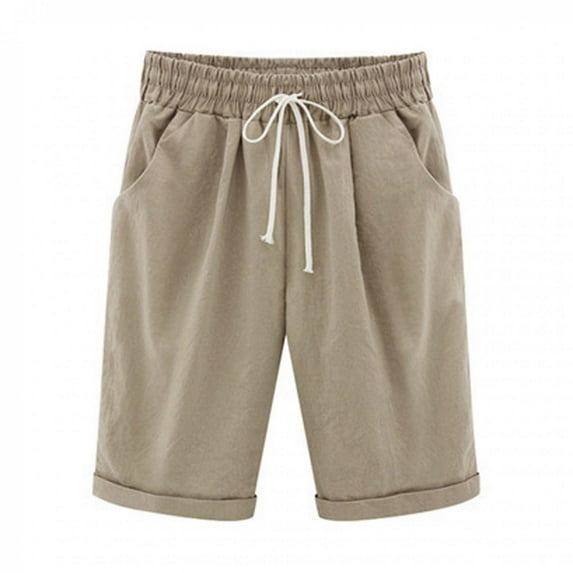 QLEICOM Women's Shorts Plus Size Cotton Linen Shorts, Jersey Shorts with Deep Pockets, Summer Solid Five Points Casual Pants, Walking Athletic Yoga Shorts, Hiking Comfy Beach Shorts Khaki Size 18