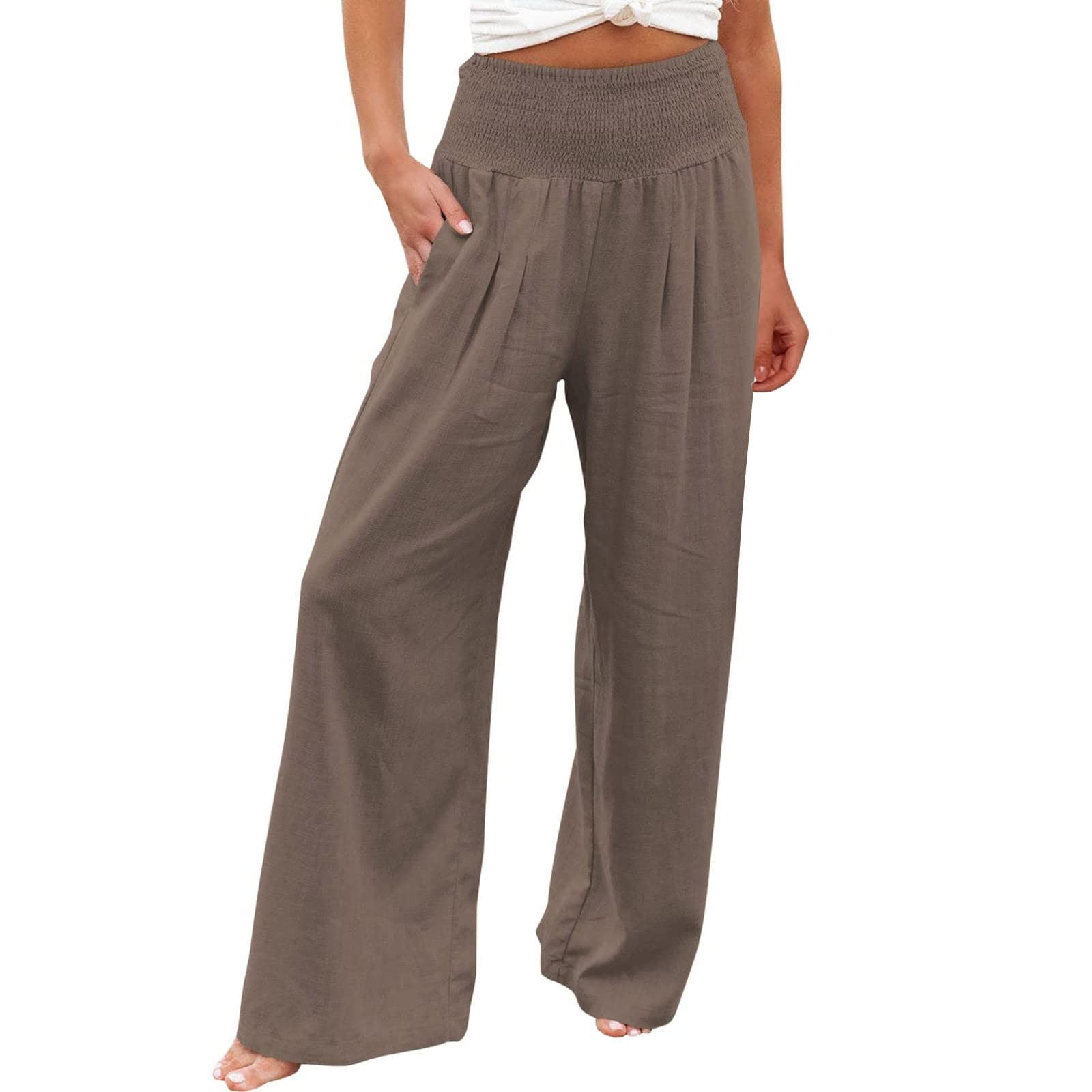 QLEICOM Women's Stretchy Wide Leg Pants Summer High Waisted Cotton Linen  Palazzo Pants Wide Leg Long Lounge Pant Trousers with Pocket Coffee XXL, US  Size 12 