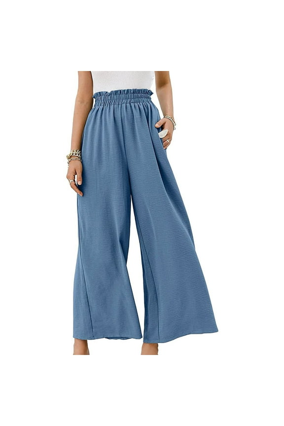 Women's Stretchy Wide Leg Pants Summer High Waisted Cotton Linen Palazzo Pants Wide Leg Long Lounge Pant Trousers with Pocket Blue S, US Size 4