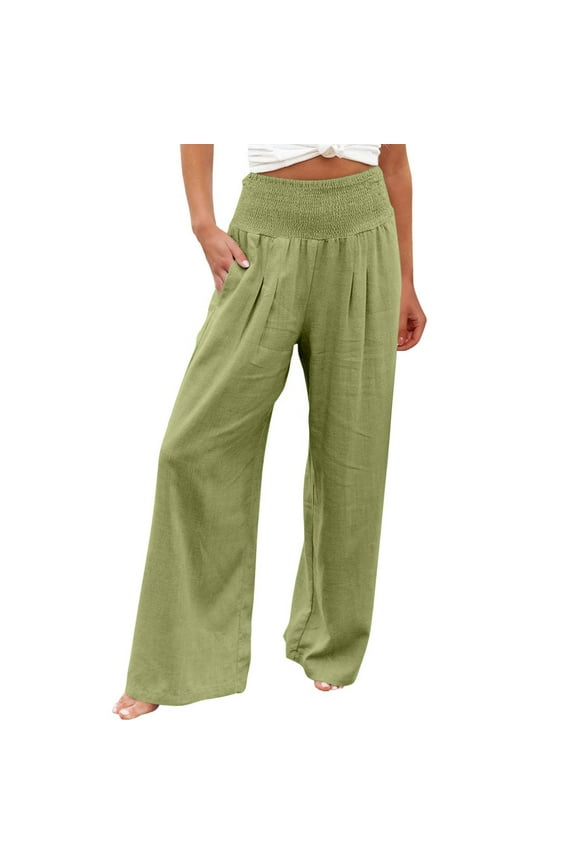 Women's Stretchy Wide Leg Pants Summer High Waisted Cotton Linen Palazzo Pants Wide Leg Long Lounge Pant Trousers with Pocket Mint Green XXL, US Size 12