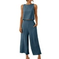 thumbnail image 1 of QLEICOM Women's Summer 2 Piece Outfits Round Neck Crop Basic Top Cropped Wide Leg Pants Set Sleeveless Tank Tops & Loose Elastic Waist Trouser with Pockets Dark Gray L, US Size 8, 1 of 6