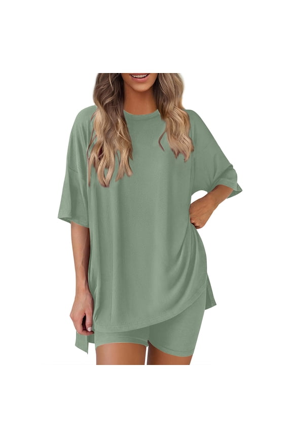 Women's Summer 2 Piece Outfits, Round Neck Short Sleeve Top and Shorts Sets, Summer Casual Loose Beach Vacation Matching Sets, Shorts Overalls Outfits 2025 Postpartum