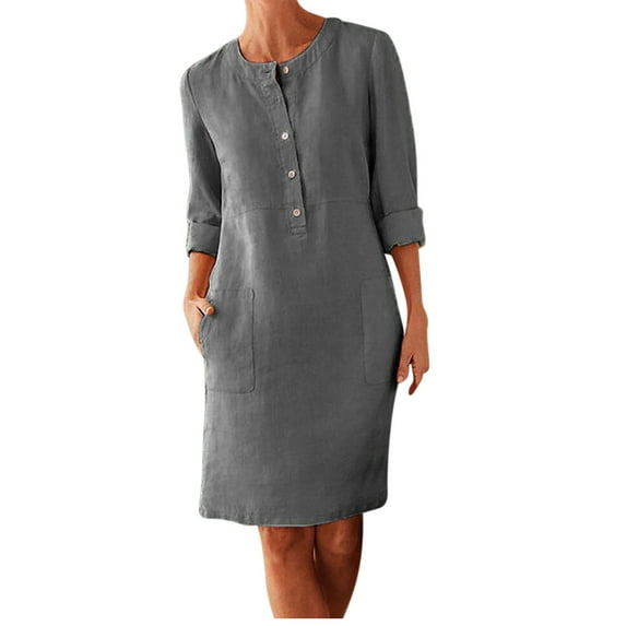 QLEICOM Women's Summer 3/4 Sleeve Cotton Linen Dress Casual Loose Button Dress with Pockets Dark Gray L, US Size:6