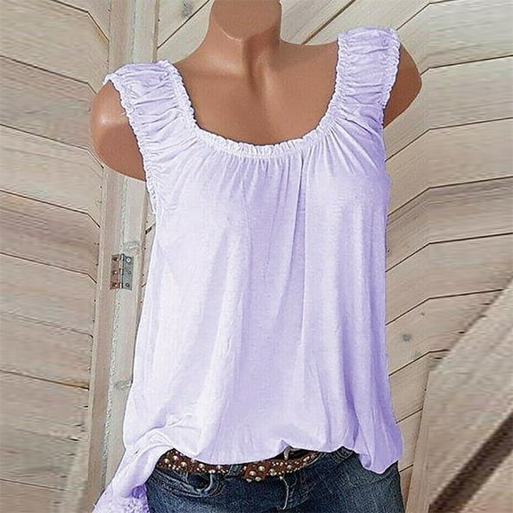 QLEICOM Women's Summer Basic Sleeveless Crewneck Casual Tank Tops Loose Shirts Pleated Solid Color Loose Fit Workout Yoga Vest Shirt Going Out Tee Pullover Blouses Purple L