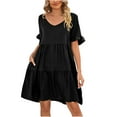 thumbnail image 1 of QLEICOM Women's Summer Casual Dress Sweet & Cute V-Neck Mini Dress Three-Layer Pleated Doll Dress Short Sleevele Ruffle Dress Black M, US Size: 6, 1 of 2