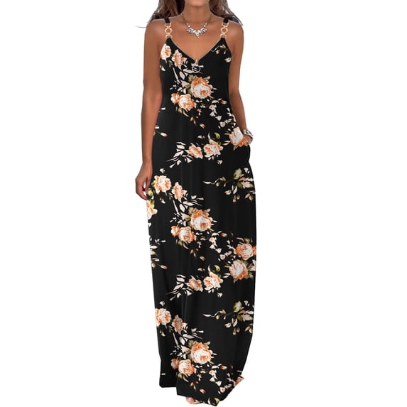QLEICOM Women's Summer Casual Floral Printed Bohemian Spaghetti Strap Floral Long Maxi Dress with Pockets Boho Printed Hoop Sling Beach Long Dress Black B L, US Size: 8