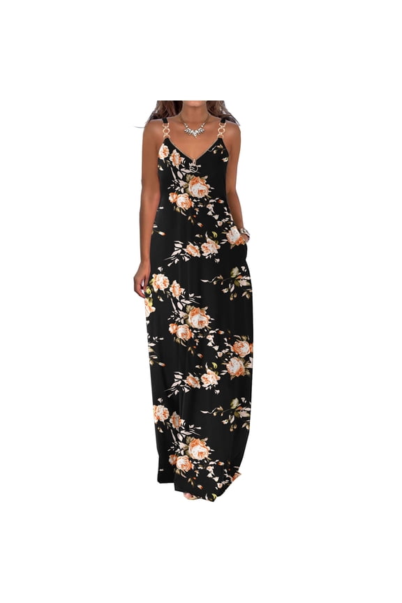 Women's Summer Casual Floral Printed Bohemian Spaghetti Strap Floral Long Maxi Dress with Pockets Boho Printed Hoop Sling Beach Long Dress Black B M, US Size: 6