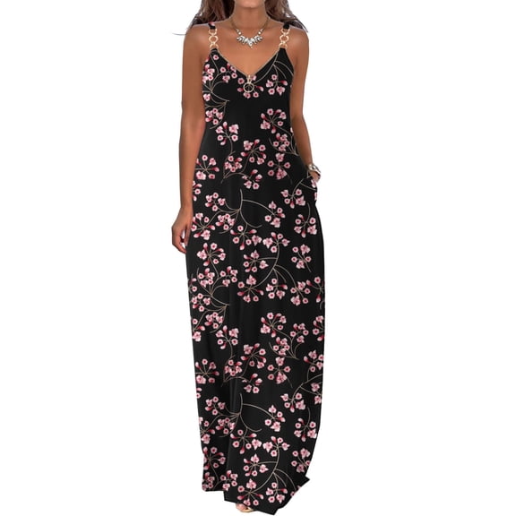 QLEICOM Women's Summer Casual Floral Printed Bohemian Spaghetti Strap Floral Long Maxi Dress with Pockets Boho Printed Hoop Sling Beach Long Dress Black C L, US Size: 8