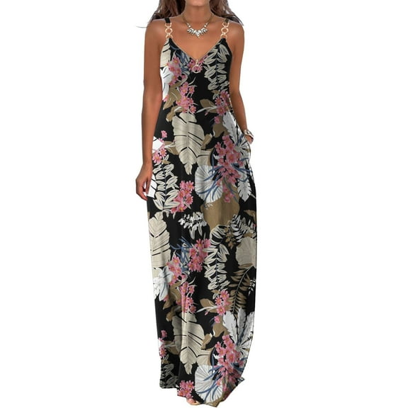 QLEICOM Women's Summer Casual Floral Printed Bohemian Spaghetti Strap Floral Long Maxi Dress with Pockets Boho Printed Hoop Sling Beach Long Dress Dark Gray B XXL, US Size: 12