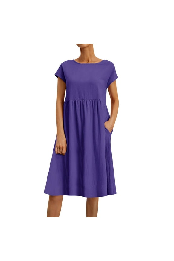 Women's Summer Casual Short Sleeve Crewneck Swing Dress Casual Flowy Tiered Midi Beach Dress with Pockets Purple S, US Size: 4