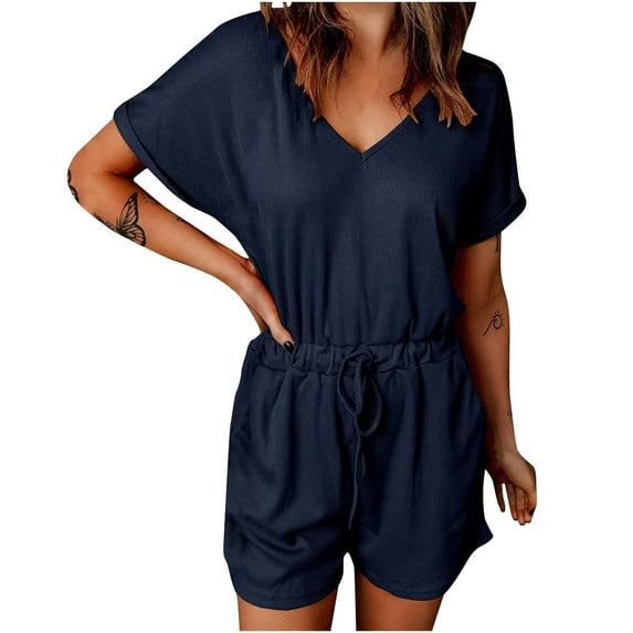 QLEICOM Women's Summer Casual Short Sleeve Solid Color V-Neck Shorts Rompers V Neck Collared Jumpsuit for Women with Pockets Navy S, US Size 4