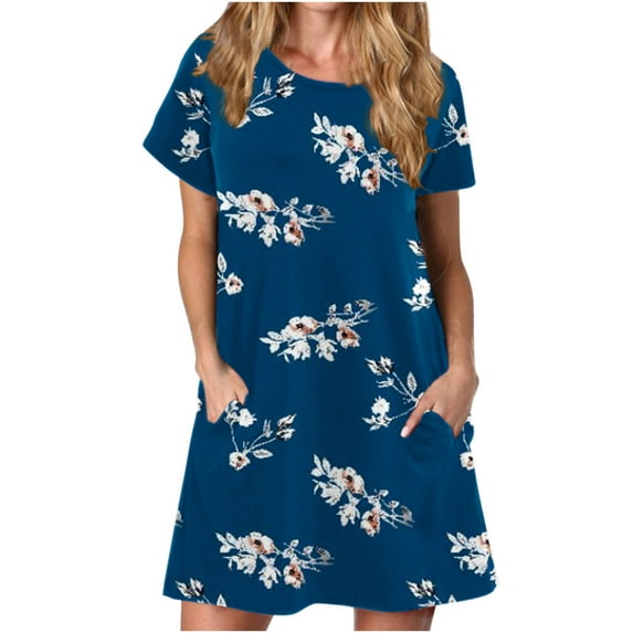 QLEICOM Women's Summer Casual Tshirt Dresses O Neck Short Sleeve Loose Dress Sundress with Pockets Dark Blue B XL, US Size: 10